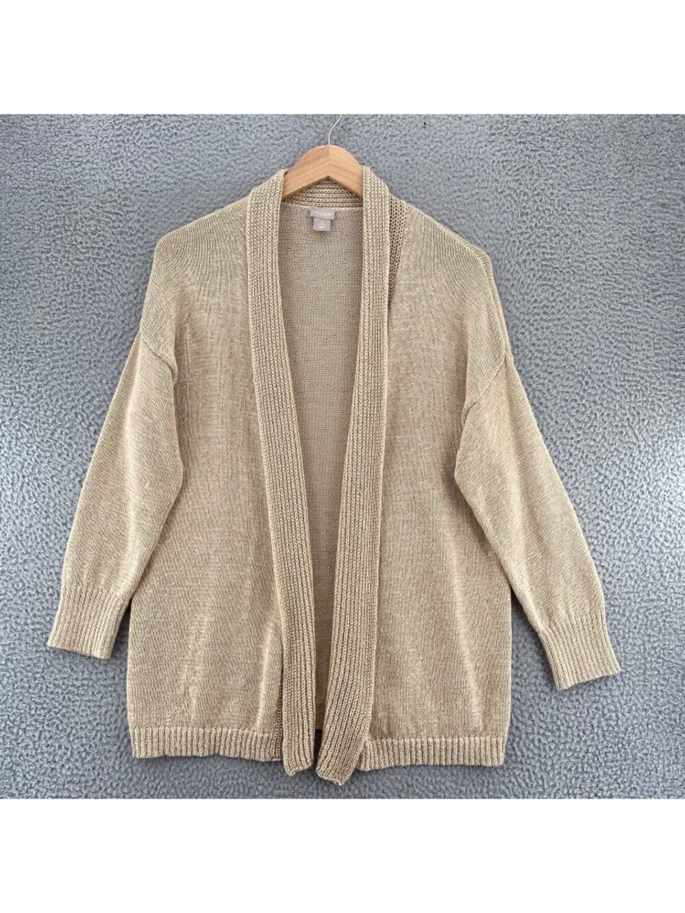 Chicos Sweater Womens 2 US Large Beige Shimmer Textured Shawl Collar Cardigan